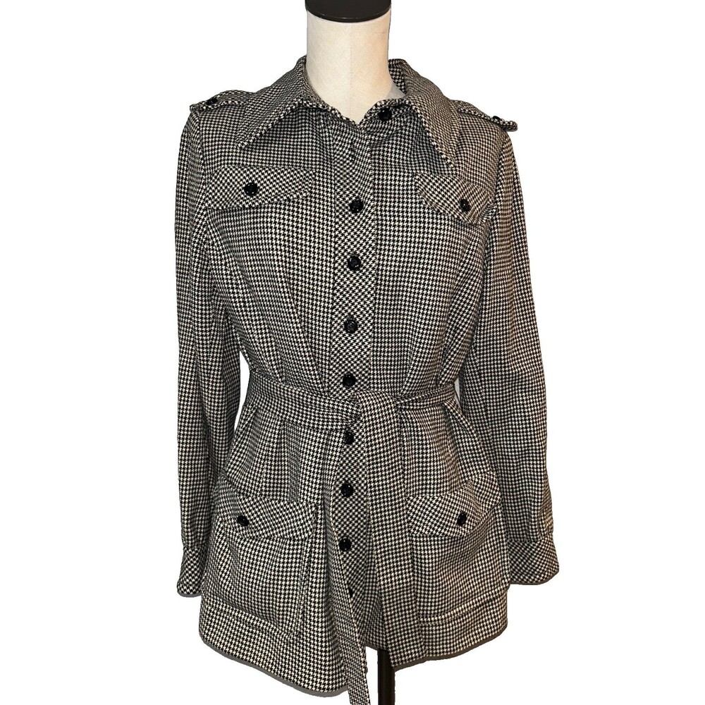 Vintage 1970s Women’s Houndstooth Belted Wool Coat size 16 Old Money Preppy